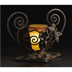 A Muller Freres Glass and Wrought Iron Lamp