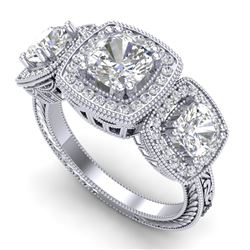 2.75 ctw Cushion VS/SI Diamond Art Deco 3 Stone Ring 18k White Gold - REF-609G3W