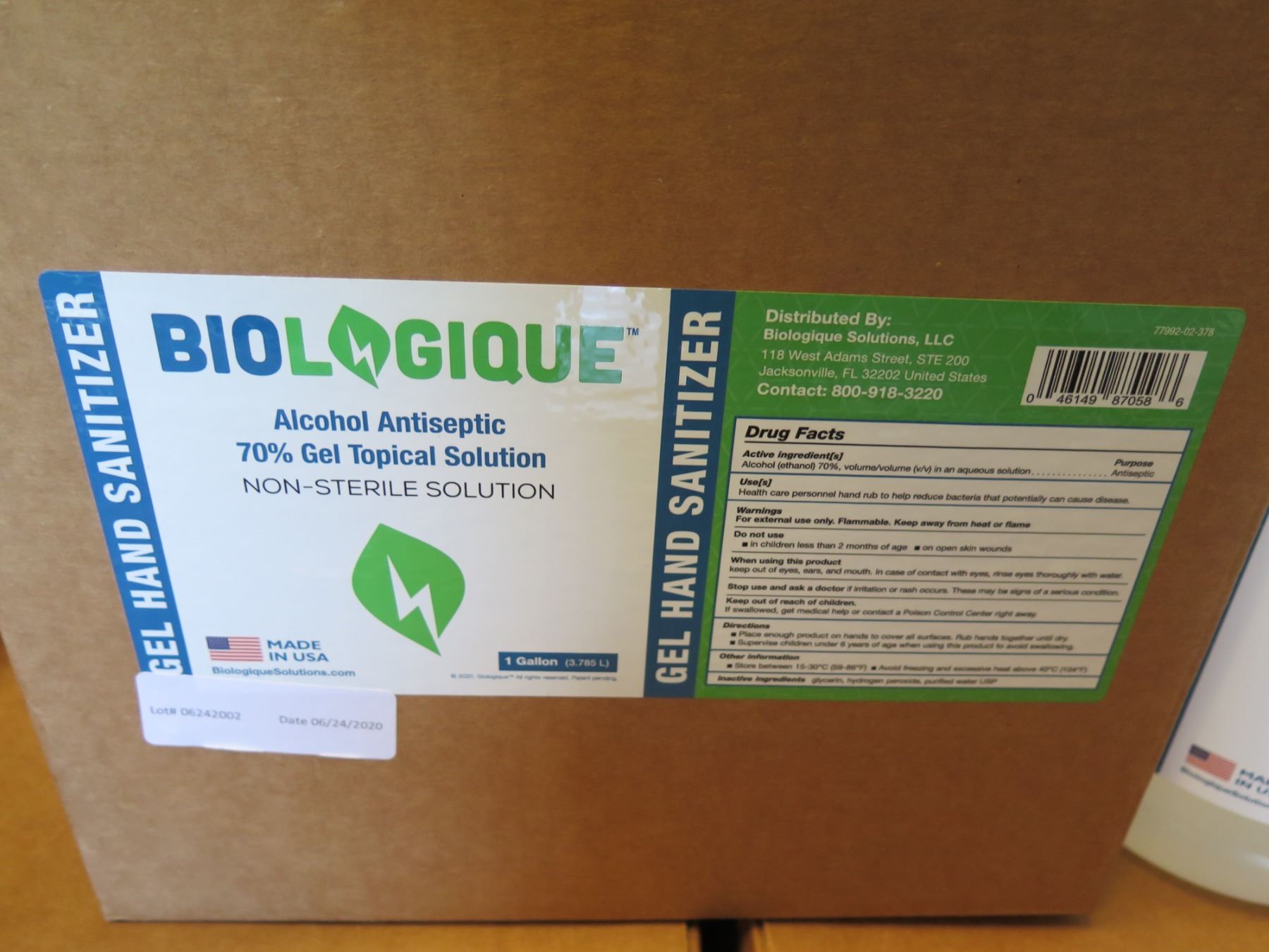 Qty 1 Box (4 qty 1-Gallon Bottles) Biologique Alcohol Sanitizer 70% Gel