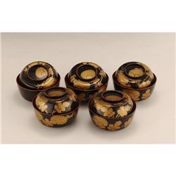 5 Old Japanese Makie Lacquer Cov Bowl w Leaves #1456550
