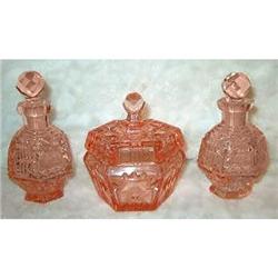 Pink Depression Glass Perfume Bottle Vanity Set#1485206