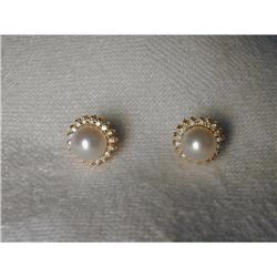 Estate 14K YG Cultured Pearl Diamond Earrings #1485408