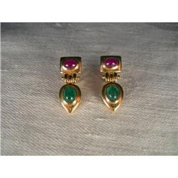 Estate 14K YG Gold Emerald Ruby Drop Earrings #1485473