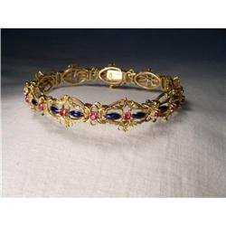 Estate 18K YG Gold Enamel Ruby Filigree Bangle #1485493