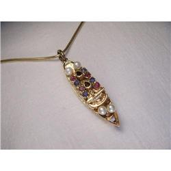 14K YG Pearl Ruby Sapphire Locket Boat Pendant #1485494
