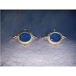 Estate 14K YG Etruscan Blue Intaglio Earrings #1485501