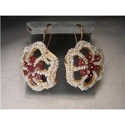 18K Pink Gold Handmade Ruby Seed Pearl Earrings#1485518