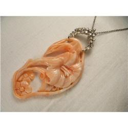 14K WG Coral Carved Lily Cameo Pendant Necklace#1485528