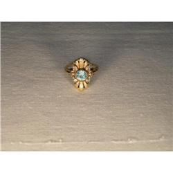 Antique 14K YG Filigree Diamond Aquamarine Ring#1485531