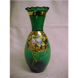 Vase ? Hand Painted Green Glass with Gold #1493390