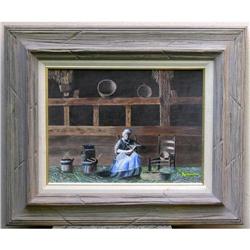 ORIG OIL PAINTING COUNTRY WOMAN WEAVING STRAW #1493549