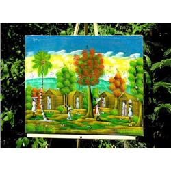 ORIG OIL PAINTING HAITI LANDSCAPE WITH CABINS #1493552