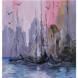 ORIG OIL PAINTING SAILBOATS IN HARBOR #1493567
