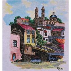 ORIG OIL PAINTING VILLAGE SCENE IN S. AMERICA #1493577