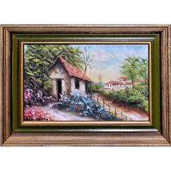 ORIG OIL PAINTING COUNTRY LANDSCAPE W/FLOWERS #1493583