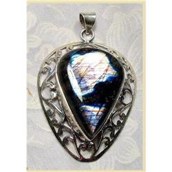 TEARDROP Fire Labradorite Silver Jaali Pendant #1493647