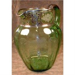 SILVER Overlay ETCHED Glass Pitcher -ANTIQUE- #1494276