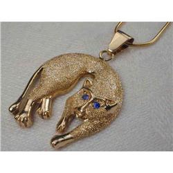 Estate 18K YG Gold Sapphire Cat Pendant Slide #1494970