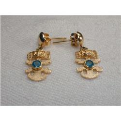 18K YG Emerald Artisan Mexican Aztec Earrings #1495005