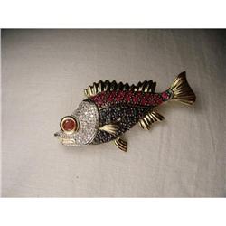 Estate 14K YG Ruby Sapphire Diamond Fish Brooch#1495025