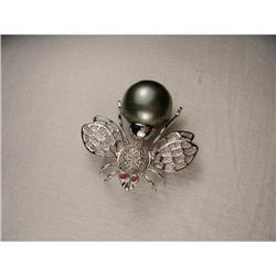 14K WG Gold Ruby Black Pearl Bee Pendant Brooch#1495027