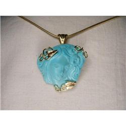 18K Gold Turquoise Carved Cameo Pendant Brooch #1495028