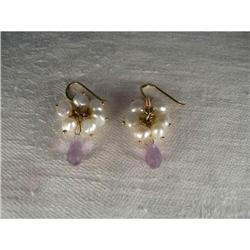 14K YG Amethyst Seed Pearl Dangle Earrings #1495040