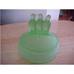 Powder Jar, green frosted glassl,Love birds #1496159
