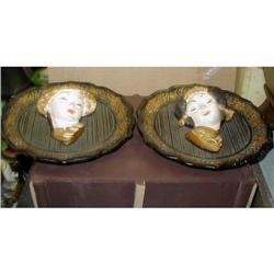 2 Asian Chalkware Plaques Figures Man Woman #1496400