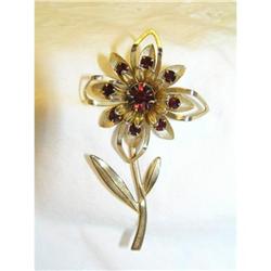 Gold Tone Flower Pin with Red Glass Stones #1510790