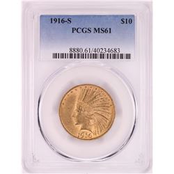 1916-S $10 Indian Head Eagle Gold Coin PCGS MS61