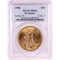1908 No Motto $20 St. Gaudens Double Eagle Gold Coin PCGS MS63