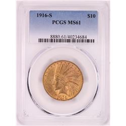 1916-S $10 Indian Head Eagle Gold Coin PCGS MS61