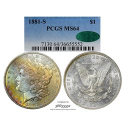 1881-S $1 Morgan Silver Dollar Coin PCGS MS64 CAC Amazing Toning
