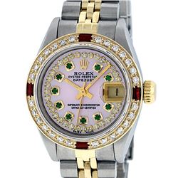Rolex Ladies Two Tone MOP Diamond Emerald & Ruby Oyster Perpetual Datejust Watch
