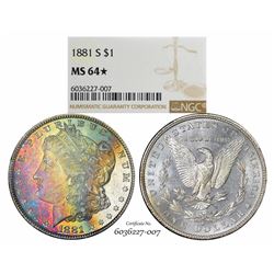 1881-S $1 Morgan Silver Dollar Coin NGC MS64* Star Amazing Toning