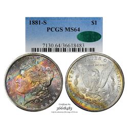 1881-S $1 Morgan Silver Dollar Coin PCGS MS64 CAC Amazing Toning
