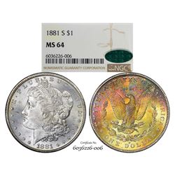 1881-S $1 Morgan Silver Dollar Coin NGC MS64 CAC Amazing Toning