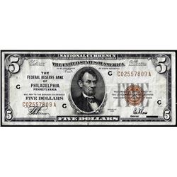 1929 $5 Federal Reserve Bank Note Philadelphia