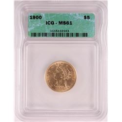 1900 $5 Liberty Head Half Eagle Gold Coin ICG MS61