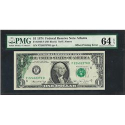 1974 $1 Federal Reserve Note Partial Offset Printing Error PMG Ch. Uncirculated 64EPQ