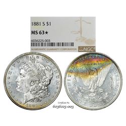 1881-S $1 Morgan Silver Dollar Coin NGC MS63* Star Amazing Toning