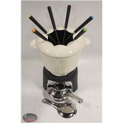 NEW IN BOX ENAMELED CAST IRON COMPLETE FONDUE SET