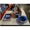 Image 1 : 3 pc blue pyrex set with hand painted vase and royal copehagen plates