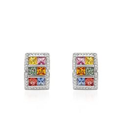 Natural 5.36 CTW Multi-Sapphire & Diamond Earrings 18K White Gold - REF-153H2W