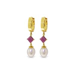 Genuine 9.5 ctw Pearl & Ruby Earrings 14KT Yellow Gold - REF-61R2P