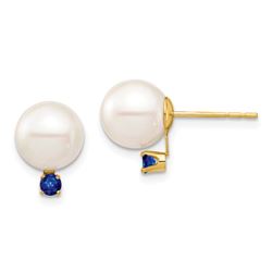 14k Yellow Gold White Pearl Sapphire Post Earrings - 8-8.5 mm