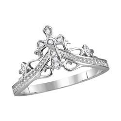 14kt White Gold Womens Round Diamond Cross Crown Tiara Band Ring 1/20 Cttw