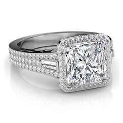 Natural 2.32 CTW Halo Princess Cut and Baguettes Diamond Engagement Ring 14KT White Gold