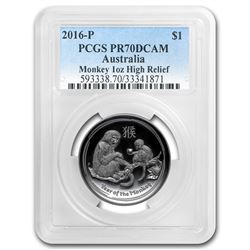 2016 Australia 1 oz Silver Lunar Monkey High Relief PR-70 PCGS